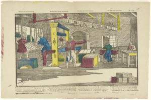 Eine handgezeichnete Fabrikszene mit Arbeitern, die Maschinen bedienen, Tischen, Fenstern und anderen Gegenständen, mit Text am unteren Rand des Papiers.