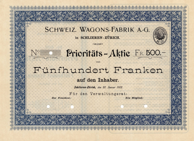 Altes deutsches Aktienzertifikat mit blauem Rand, auf dem "Schweiz Wagons-Fabrik A.G." steht